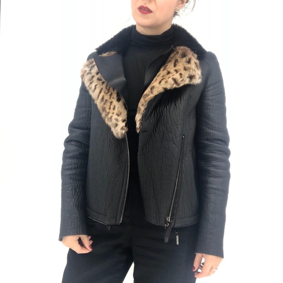 Leather Jacket Leopard Fur Collar 